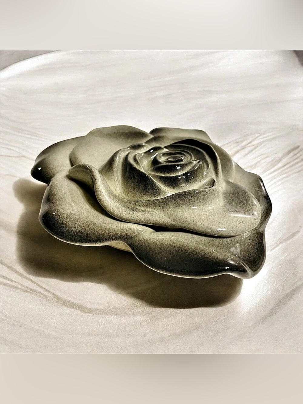 Vintage Rose Shaped Ceramic Trinket Dish Lidded Jewelry Box Signed 1986 Black Om